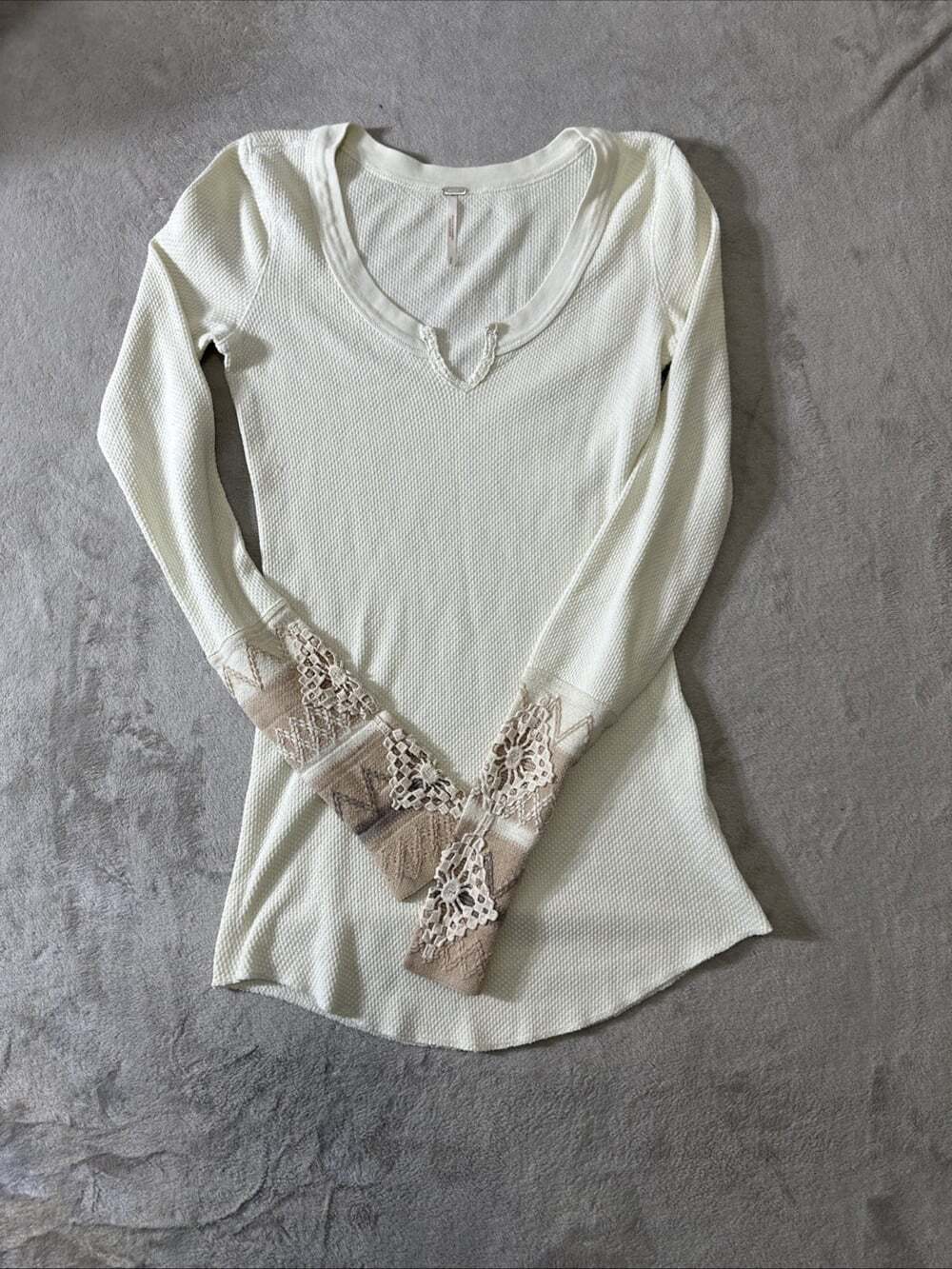 Free People Womens Small Ivory Waffle Knit Thermal Top Crochet Lace Cuffs Boho